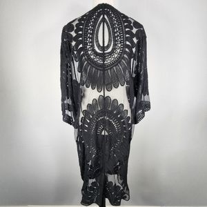Women's Black Sheer lace Embroidered Floral Duster Kimono beach cover up
